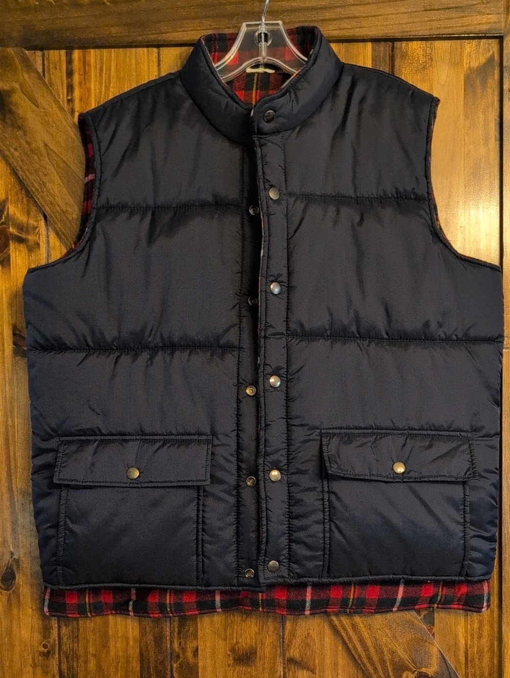 Vintage Arrow Reversible Wool Nylon Snap Puffer Vest Mens‎ Large Plaid Navy